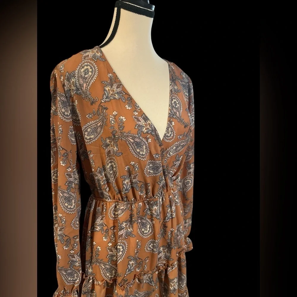 Inspired Hearts Long Sleeve Paisley Dress - Brown